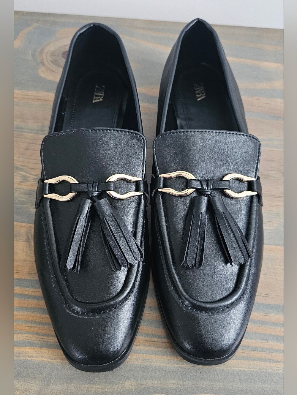 Zara Black Tassel Loafers with Gold Hardware